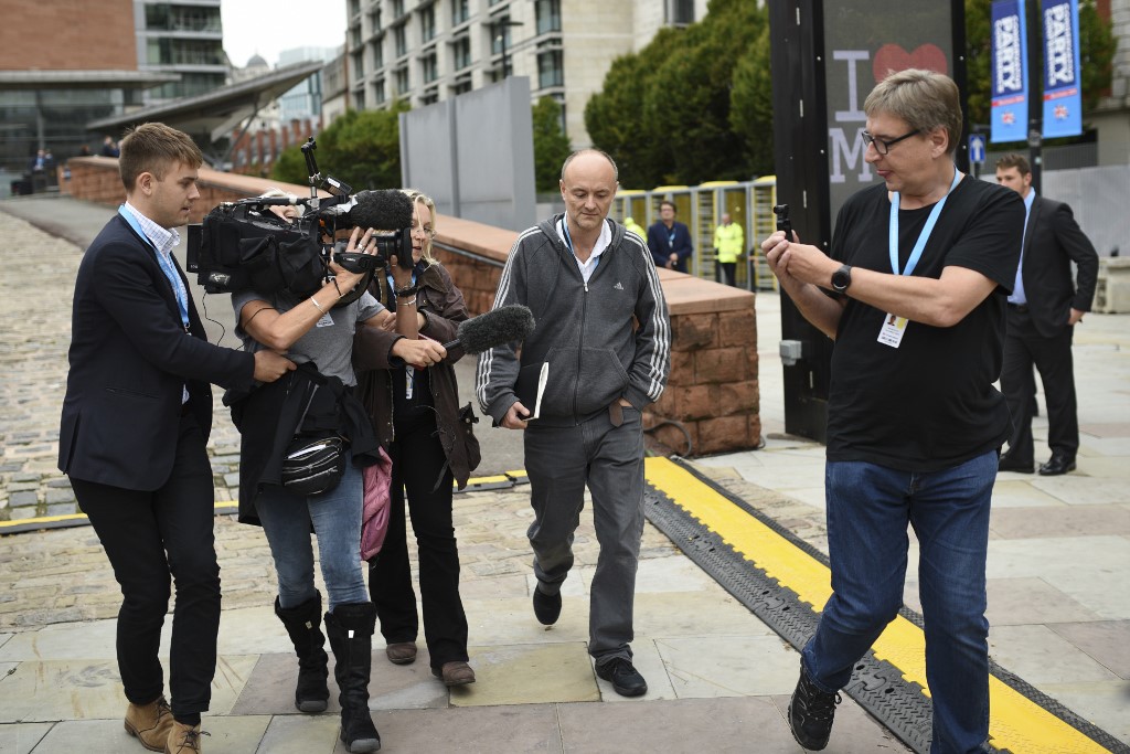 Adviser Dominic Cummings speaks to the media in Manchester on 30 September (AFP)