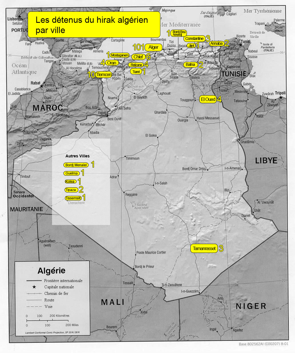 Carte des détenus du hirak algérien par ville, au 19 décembre 2019 (MEE)