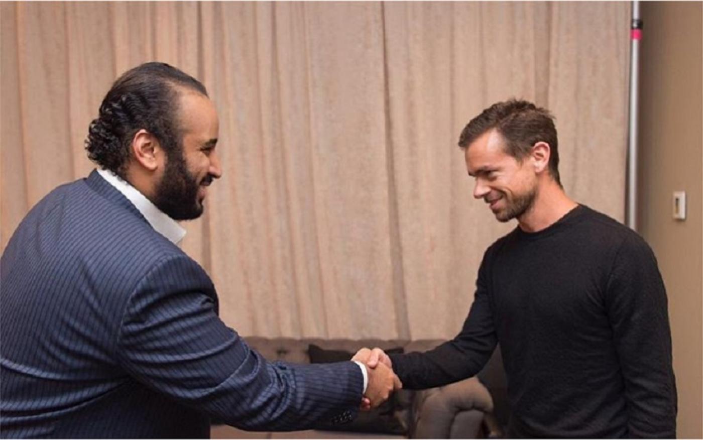 Jack Dorsey and Mohammed bin Salman shaking hands in photo posted by Bader al-Asaker in June 2016 (Instagram)