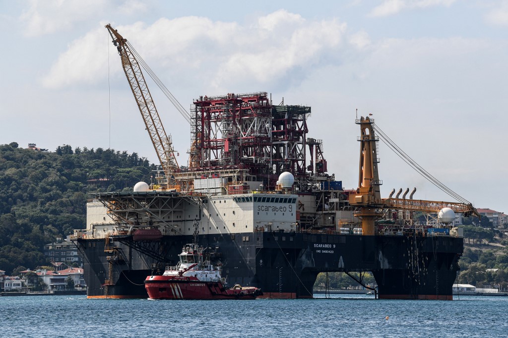 A drilling rig passes on the Bosphorus Strait en route to the Black Sea in August 2019 (AFP)