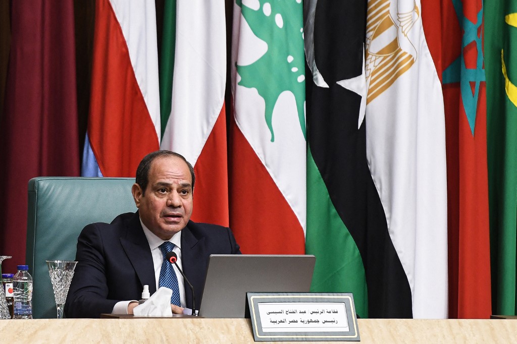 Egyptian President Abdel Fattah al-Sisi speaks in Cairo on 12 February 2023 (AFP)
