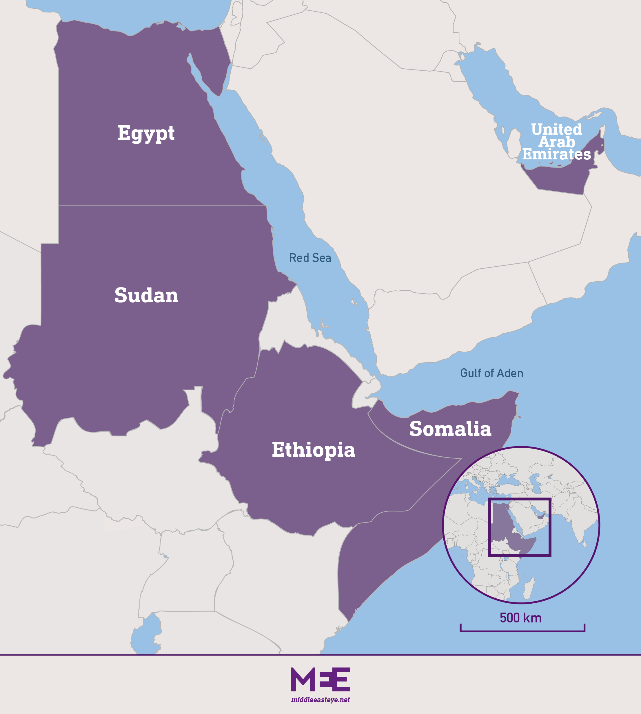 Egypt, Sudan, Ethiopia, Somalia, UAE regional map