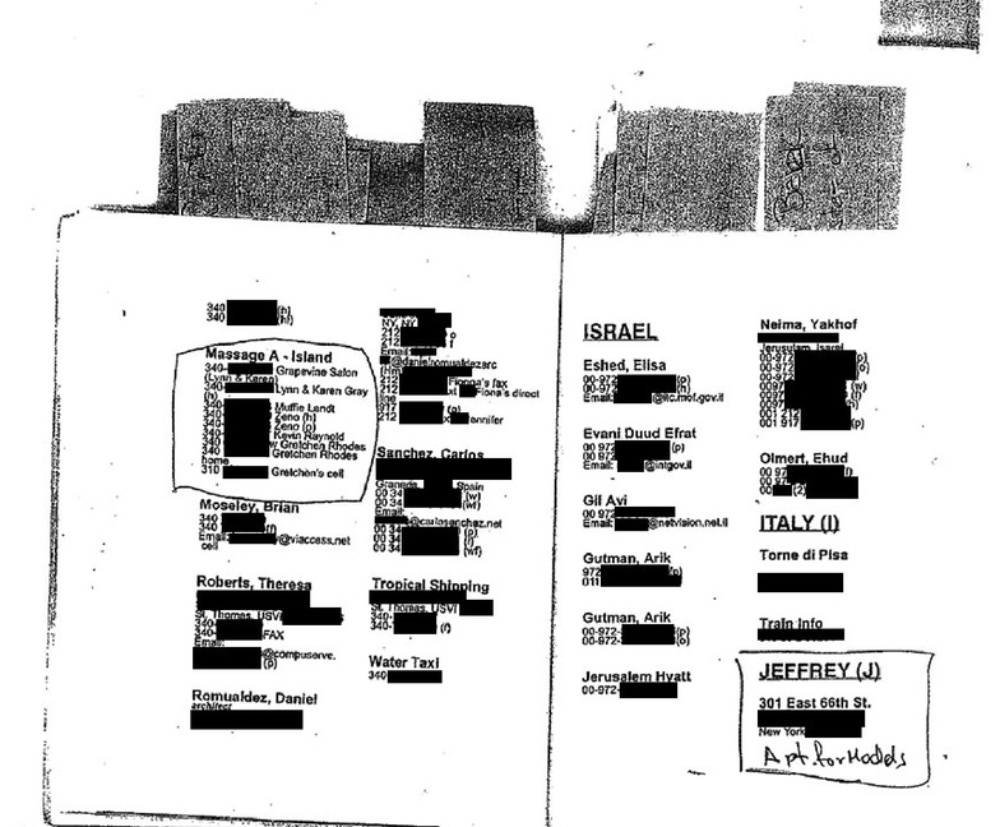 A photocopied page from Epstein's 'black book', as made public by Gawker (Screenshot)