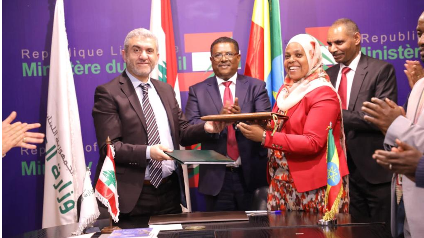 Lebanon’s Labour Minister Moustafa Bayram and Ethiopian counterpart Muferiat Kamil during the signing of a bilateral labour agreement on 11 April 2023 (Ethiopian Labour Ministry/Facebook)