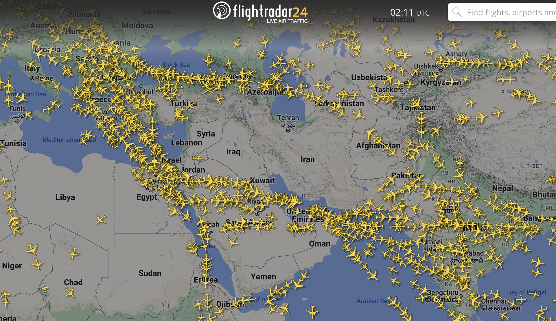 Flight tracking website Flightradar24 shows commercial flights avoiding airspace in the region