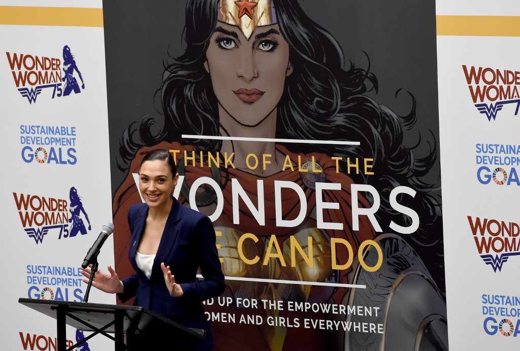 Gadot speaks during a ceremony as the UN honours the comic character Wonder Woman in New York in 2016 (AFP)