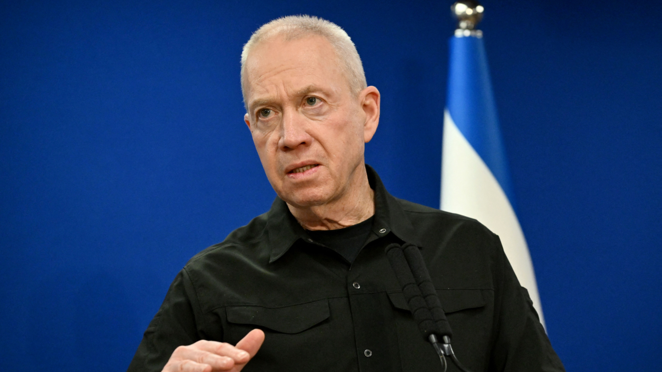 Israeli Defence Minister Yoav Gallant speaking at a joint press conference with US Secretary of Defence Lloyd Austin in Tel Aviv on 18 December, 2023 (Alberto Pizzoli/AFP)