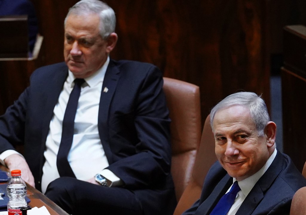 Israeli Prime Minister Benjamin Netanyahu and alternate PM Benny Gantz are pictured in Jerusalem on 17 May (Adina Valman/Knesset Spokesperson Office/AFP)