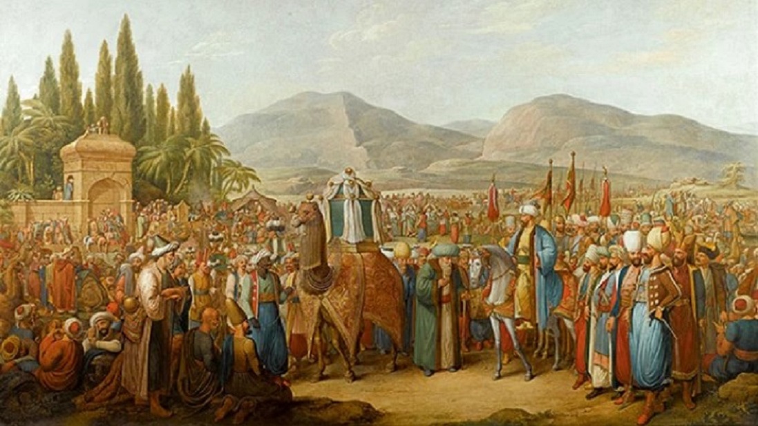 Représentation d’une procession ottomane du hadj par l’artiste Georg Manuel Lopiz datant du début du XIXe siècle (domaine public)