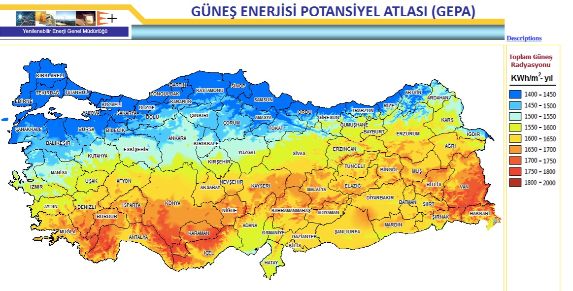 A map of potential solar energy by region of Turkey (GEPA)