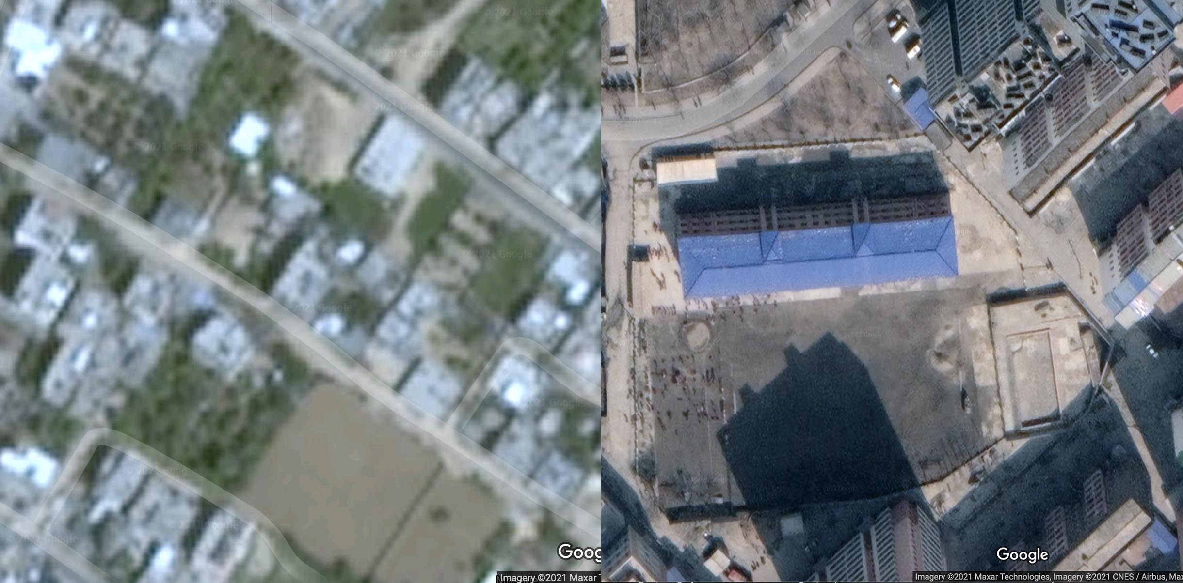 Khan Yunis in the Gaza Strip (L) and Pyongyang, North Korea (R) as shown on Google Maps
