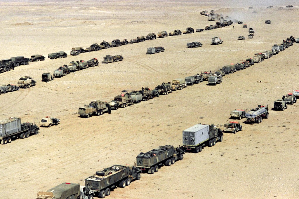 Hundreds of US military vehicles moving into Iraq on 24 February 1991 as allied forces started the massive ground offensive into Kuwait and Iraq early this morning
