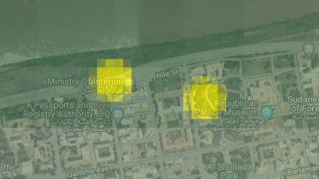Suomi NPP Satellite imagery shows thermal anomalies over two locations in Khartoum on 9 May 2023, including the Republican Palace (Soar.Earth)