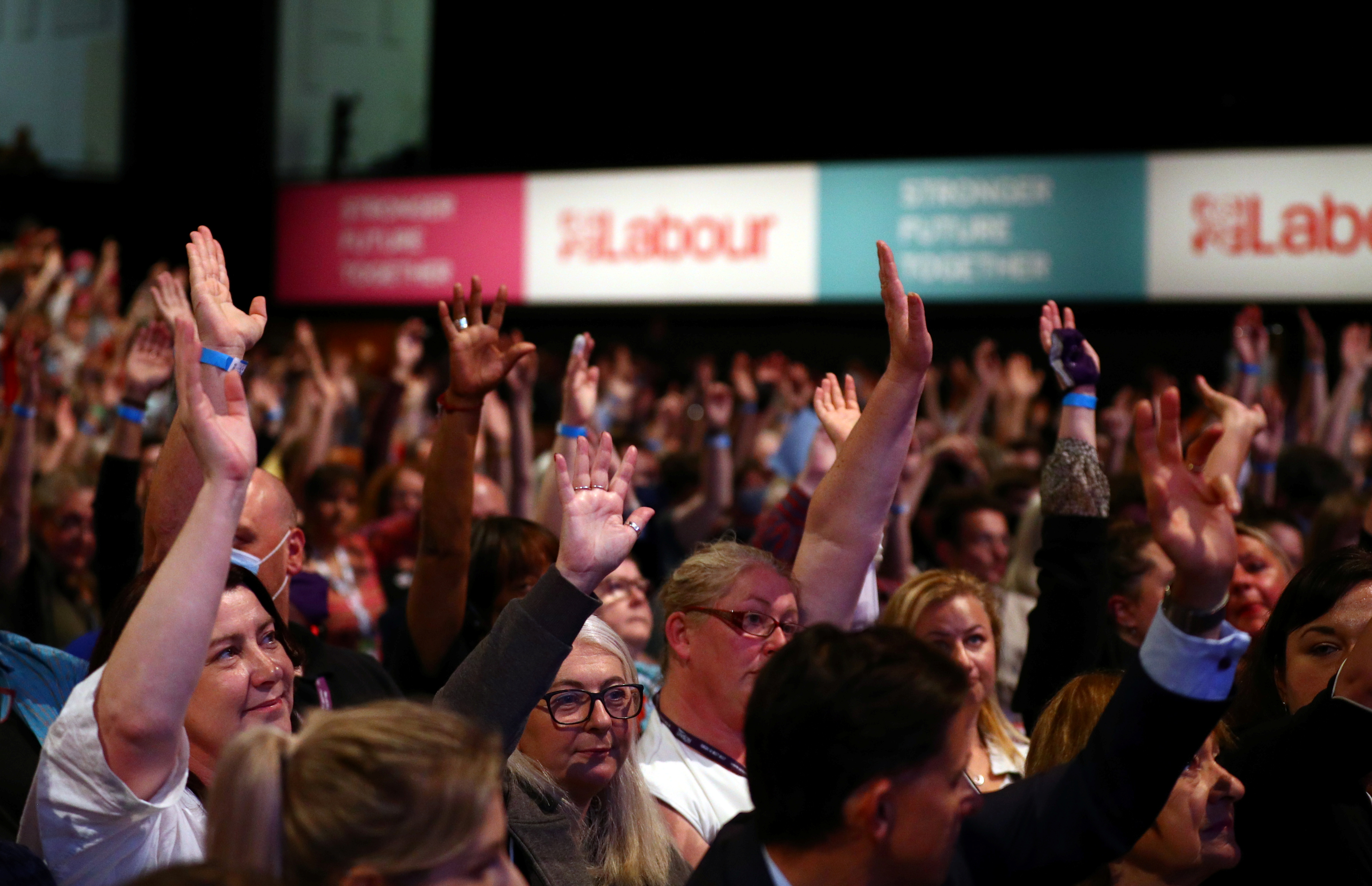 Audience voting at the UK Labour Party's conference in Brighton on 26 September 2021 (Reuters)