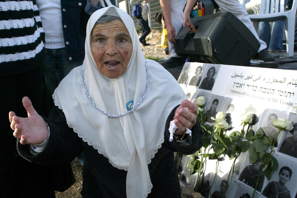 A Palestinian survivor of the 1948 Deir Yassin massacre during a memorial ceremony for the more than 100 Palestinian men, women and children who were murdered, 7 April 2005 (AFP)
