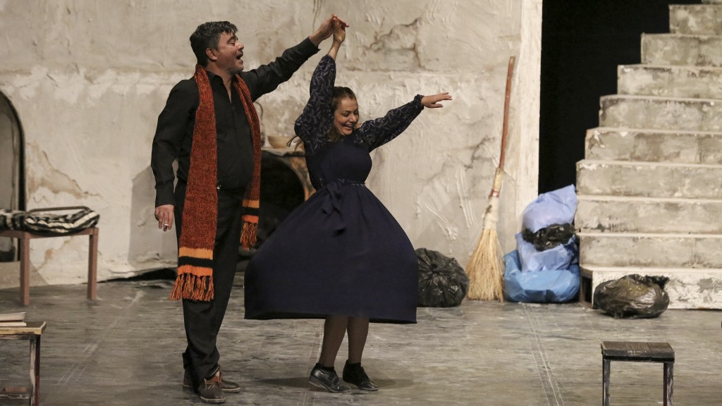 Actors perform at the al-Rasheed Theatre during the Baghdad International Theatre Festival in the Iraqi capital of Baghdad, 26 November 2021 (Sabar Arar/AFP)