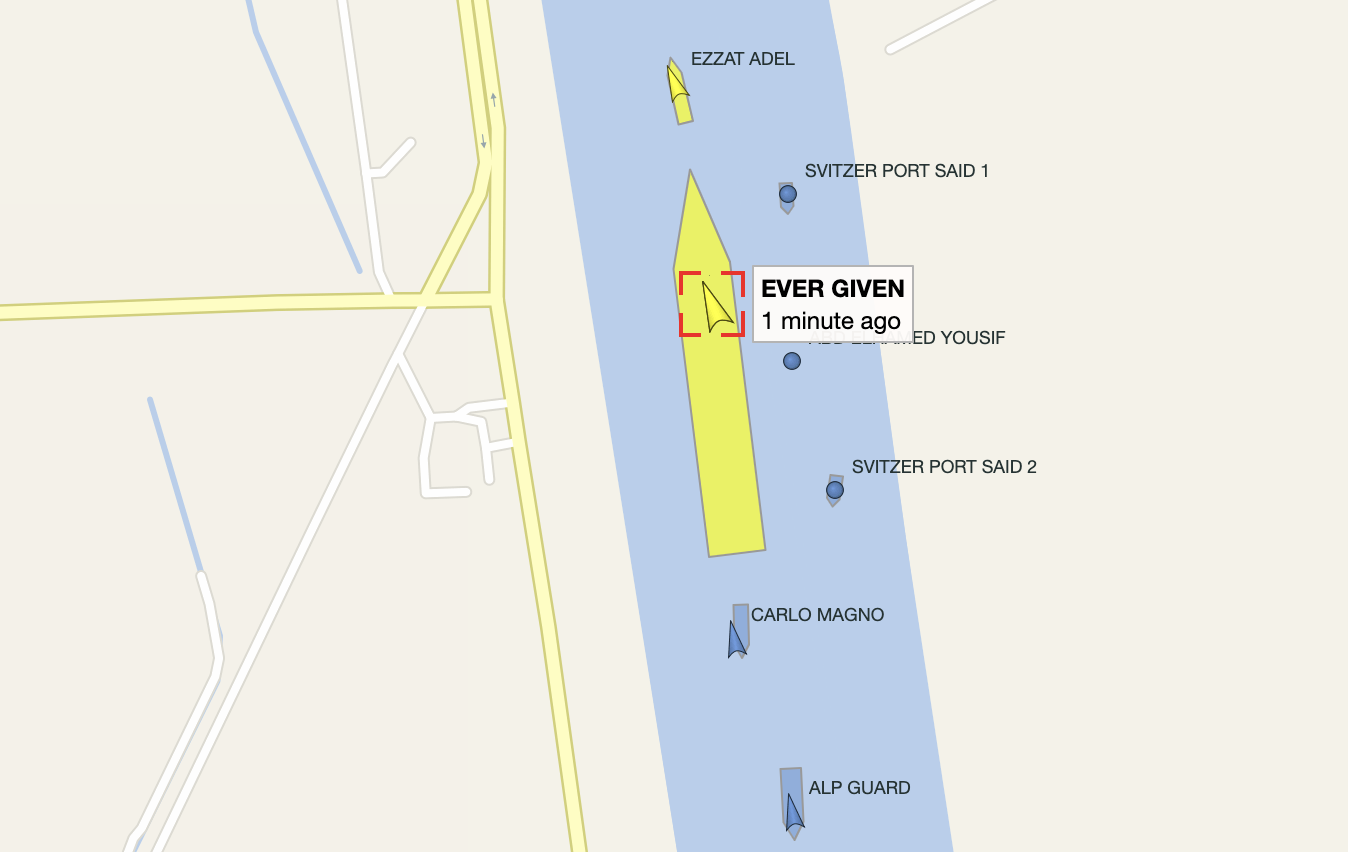 Ever Given container ship on Tracking Website 