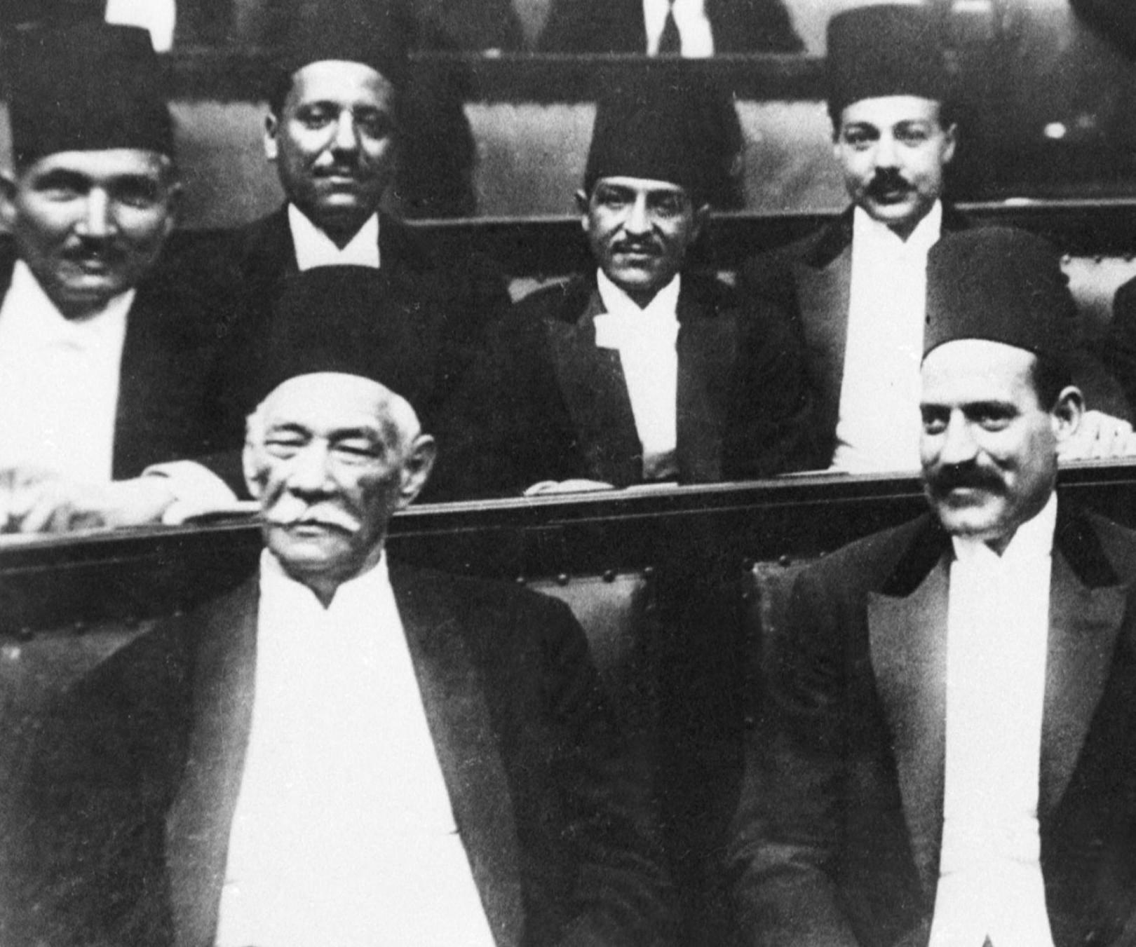 An undated picture from the early 1920s shows Saad Zaghloul (L), the leader of Egypt's 1919 revolution against the British occupation, with Mustafa Pacha al-Nahas (R), his successor as chief of the Wafd party, attending a parliament session (AFP)
