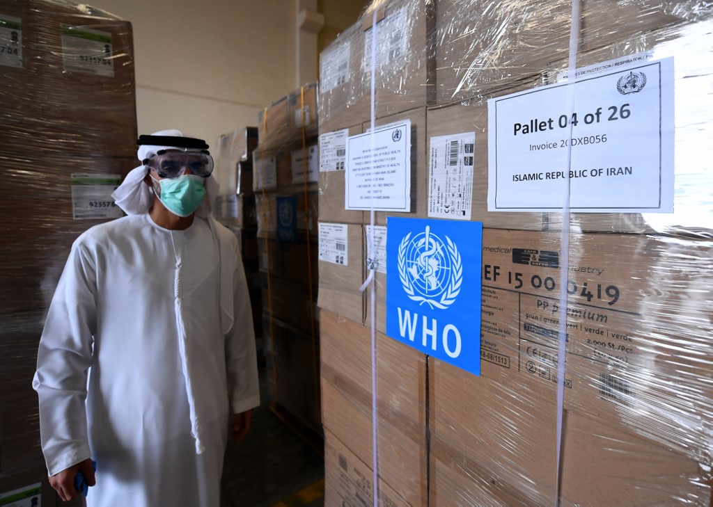 Medical equipment and coronavirus testing kits provided by the World Health Organization are pictured in Dubai, en route to Iran, on 2 March (AFP)