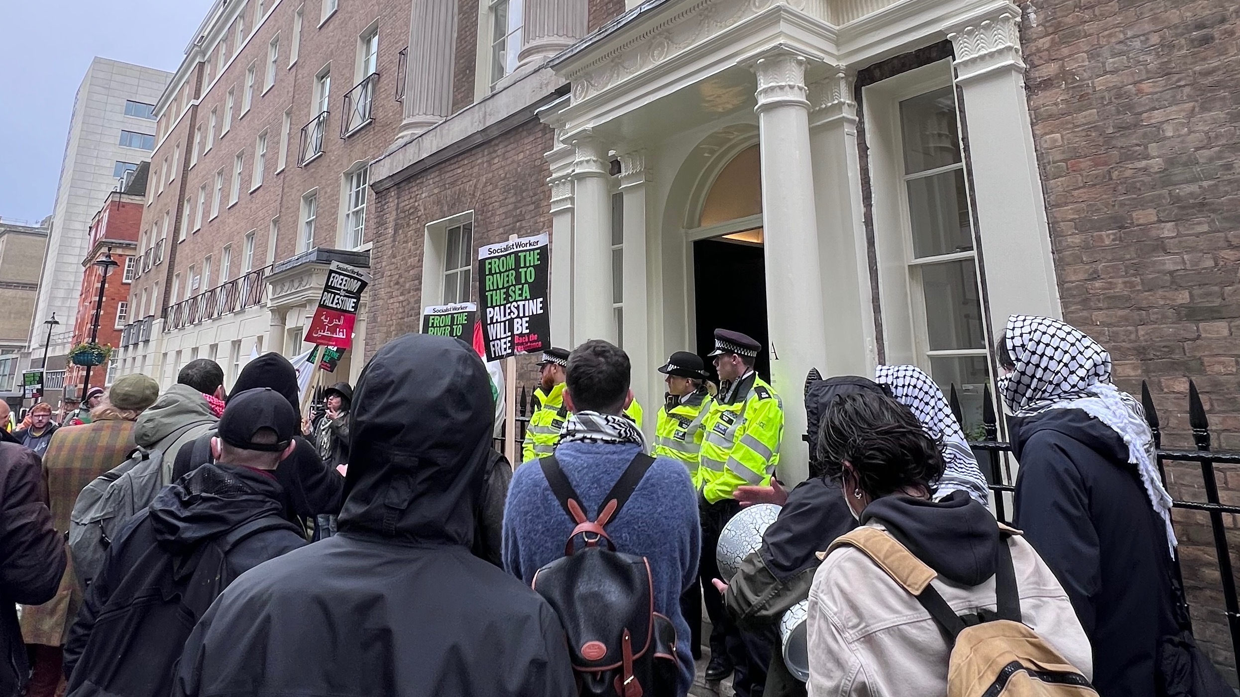 Protestors chanted 'shame on you' at attendees of an event promoting trade to Israel 