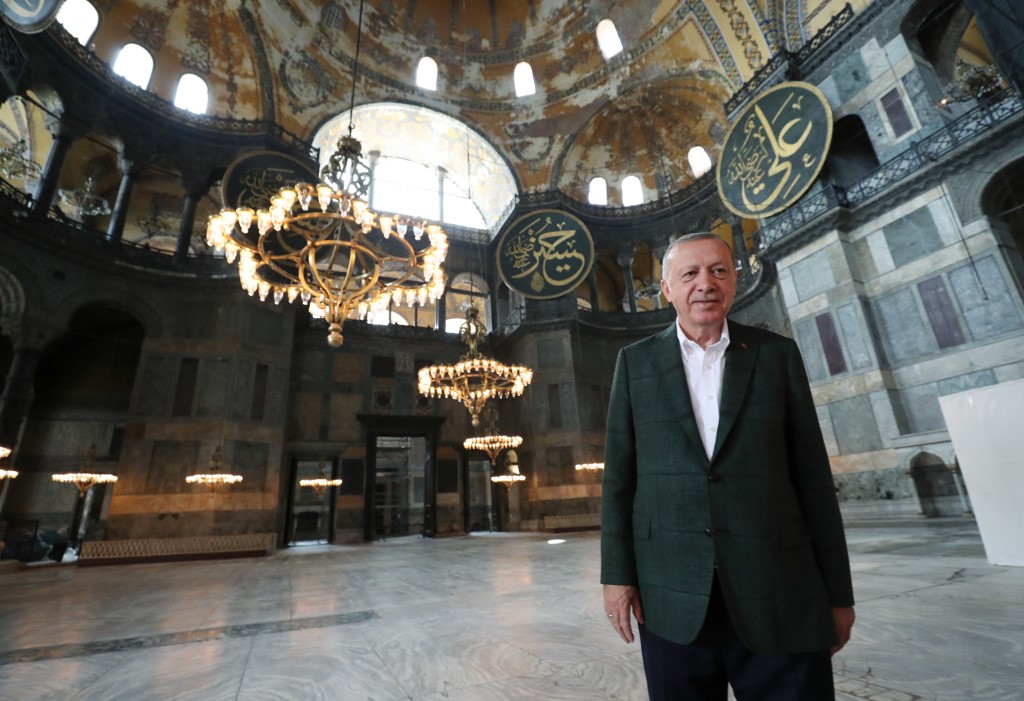 Erdogan visits the Hagia Sophia in Istanbul on 19 July (Turkish Presidential Press Service/AFP)