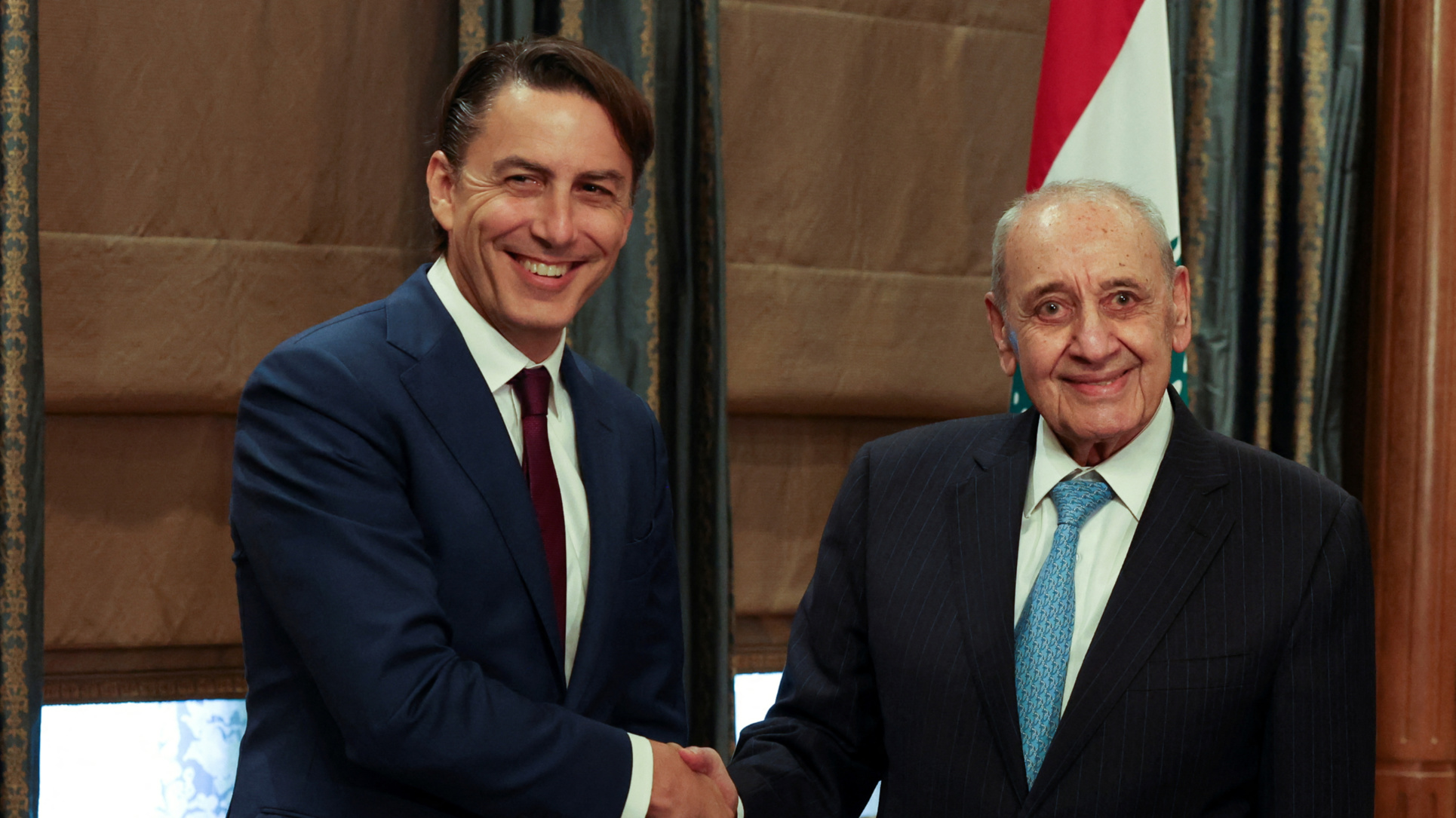 US presidential envoy Amos Hochstein with Lebanese Speaker of Parliament Nabih Berri on 18 June 2024 (Reuters/Mohamed Azakir)