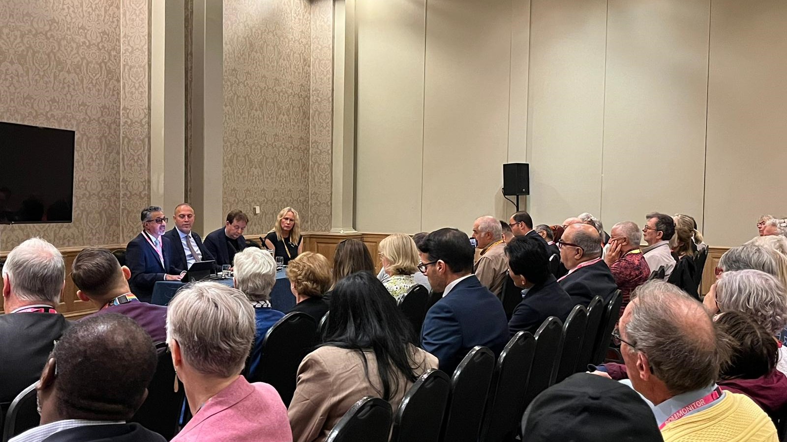 ICJP director Tayab Ali and Palestinian Ambassador Husam Zomlot speak at a Liberal Democrat conference fringe event on Sunday (Supplied)