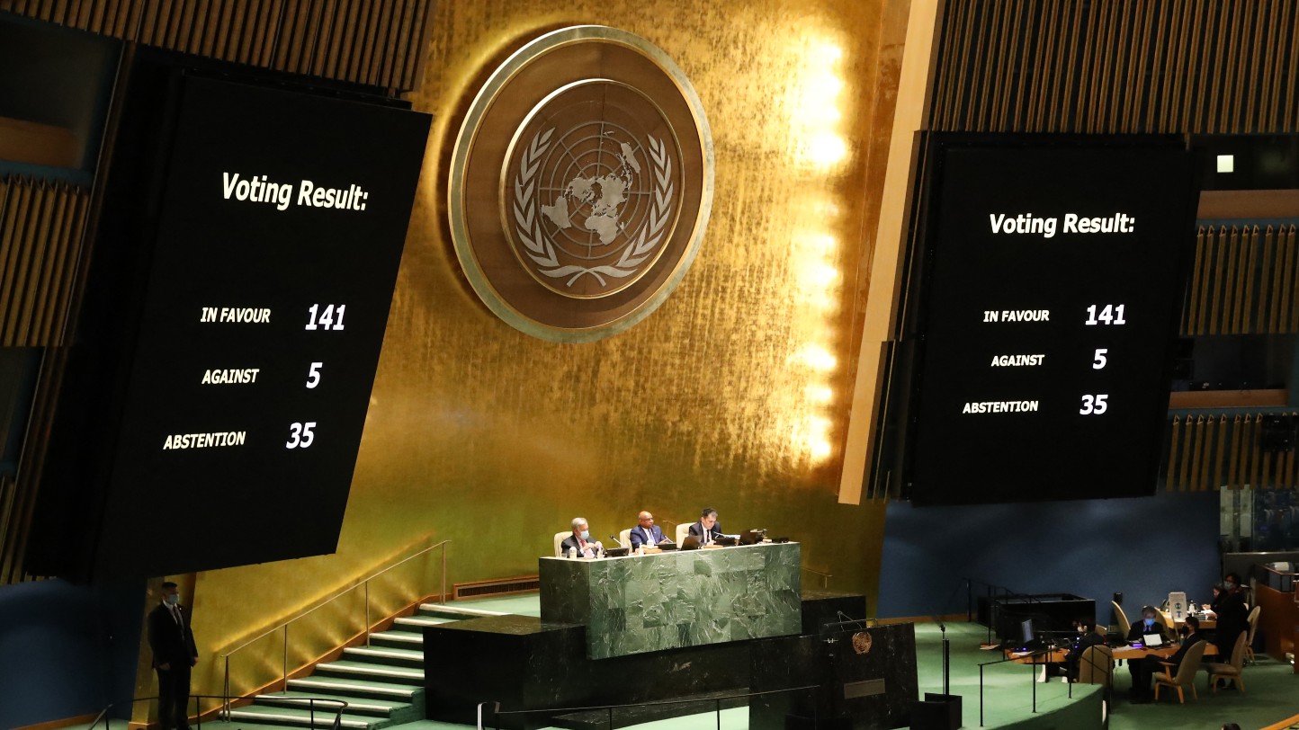 The results of a vote at the United Nations General Assembly are displayed on a screen during a special session on the violence in Ukraine on 2 March, 2022 in New York City. (AFP)