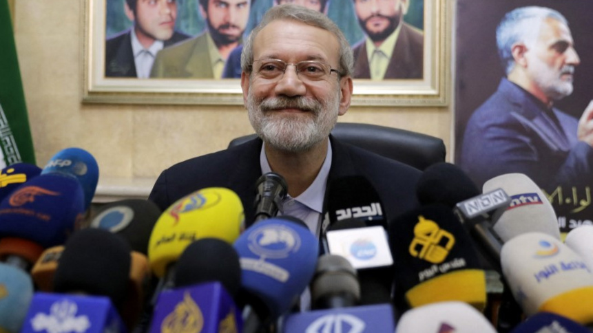 Ali Larijani, then Iran’s parliamentary speaker, gives a news conference at the Iranian embassy in Beirut on 17 February 2020 (Anwar Amro/AFP)