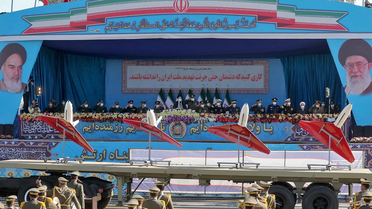 A handout picture provided by the Iranian Army on April 18, 2022 shows drones on display during a military parade marking the country's annual army day in the capital Tehran