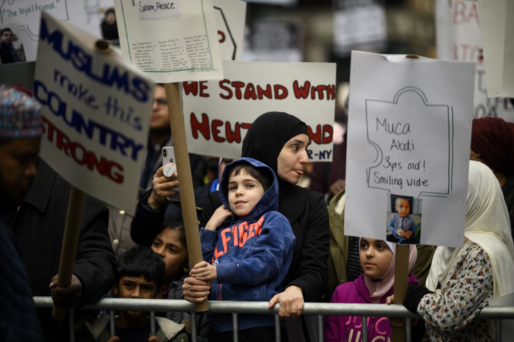 Demonstrators protest against Islamophobia in the US city of New York on 24 March (AFP)