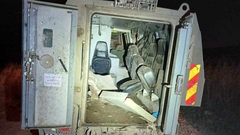 The Israeli army vehicle where Jarrar was being transferred, pictured after the explosion on 21 May 2024 (supplied)