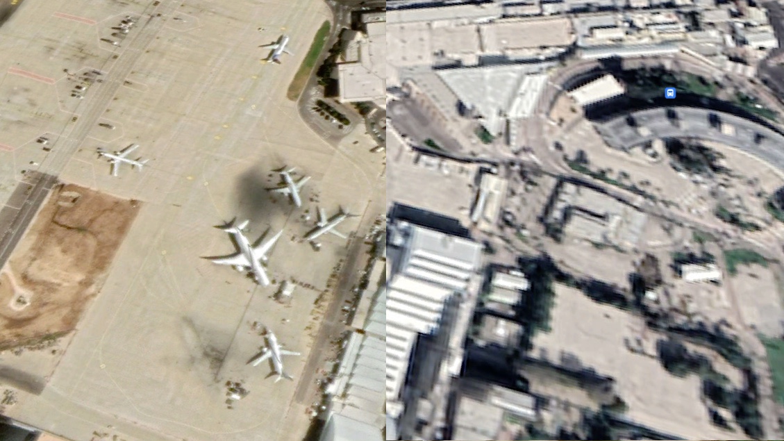 Ben Gurion Airport shown in Google Earth with image taken in January 2021 (R) and one taken in May 2021 (L).