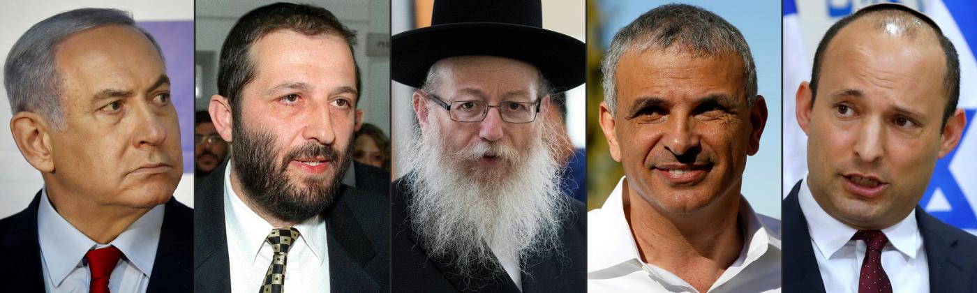 (De gauche à droite) Benyamin Netanyahou ; le rabbin Aryeh Deri, dirigeant du parti Shas ; Yaakov Litzman de l’alliance Judaïsme unifié de la Torah ; le ministre des Finances du Likoud, Moshe Kahlon ; et le ministre de l’Éducation, Naftali Bennett (AFP)