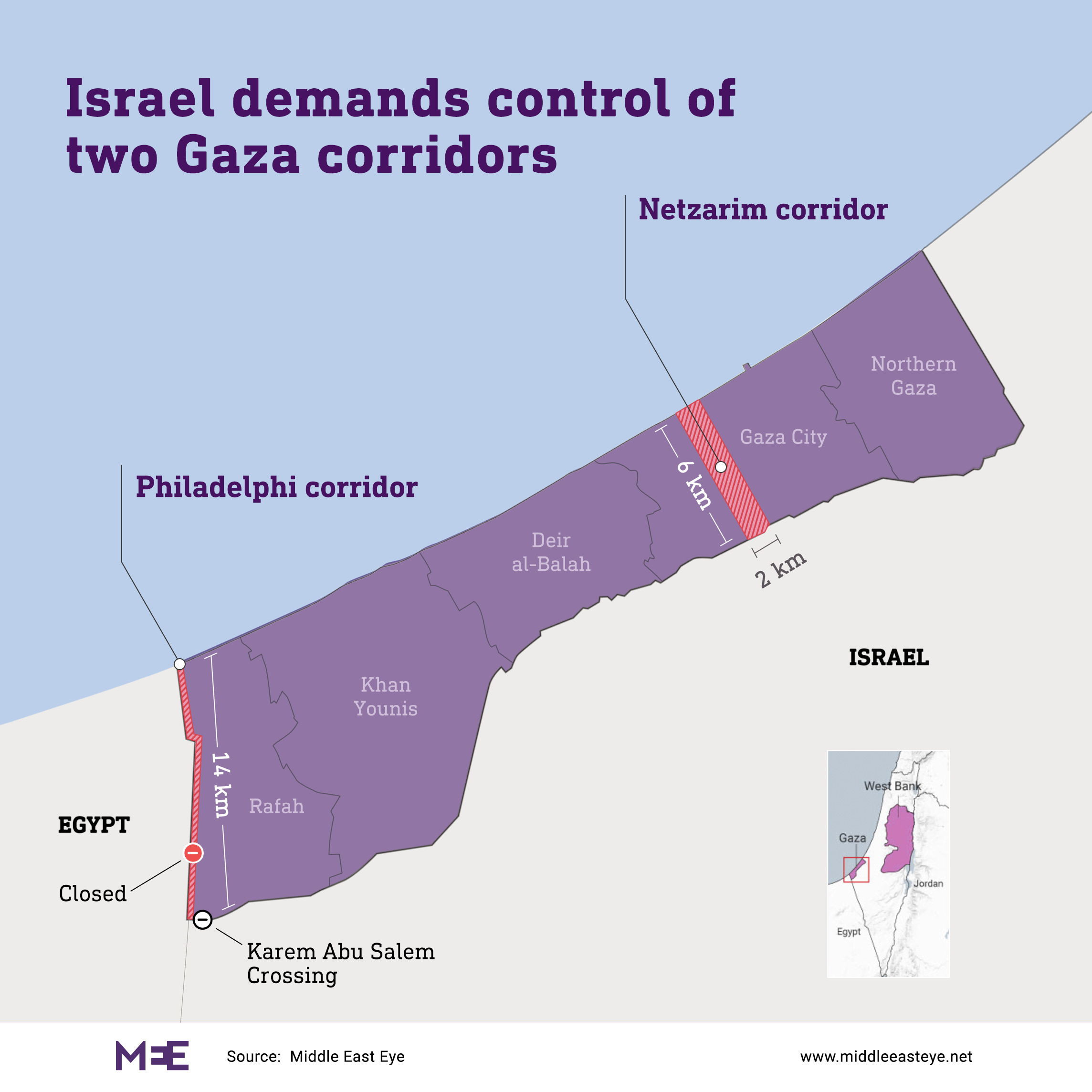 Map of Philadelphi and Netzarim Corridors in Gaza (MEE)