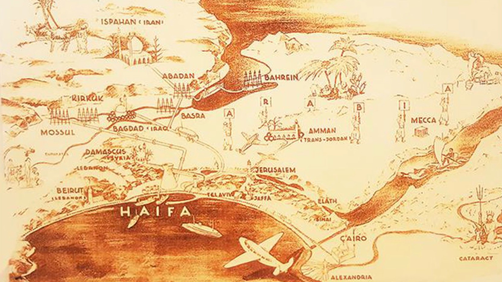 Haïfa en tant que « porte de l’Orient » par un illustrateur britannique dans les années 1930 (Archives municipales de Haïfa)