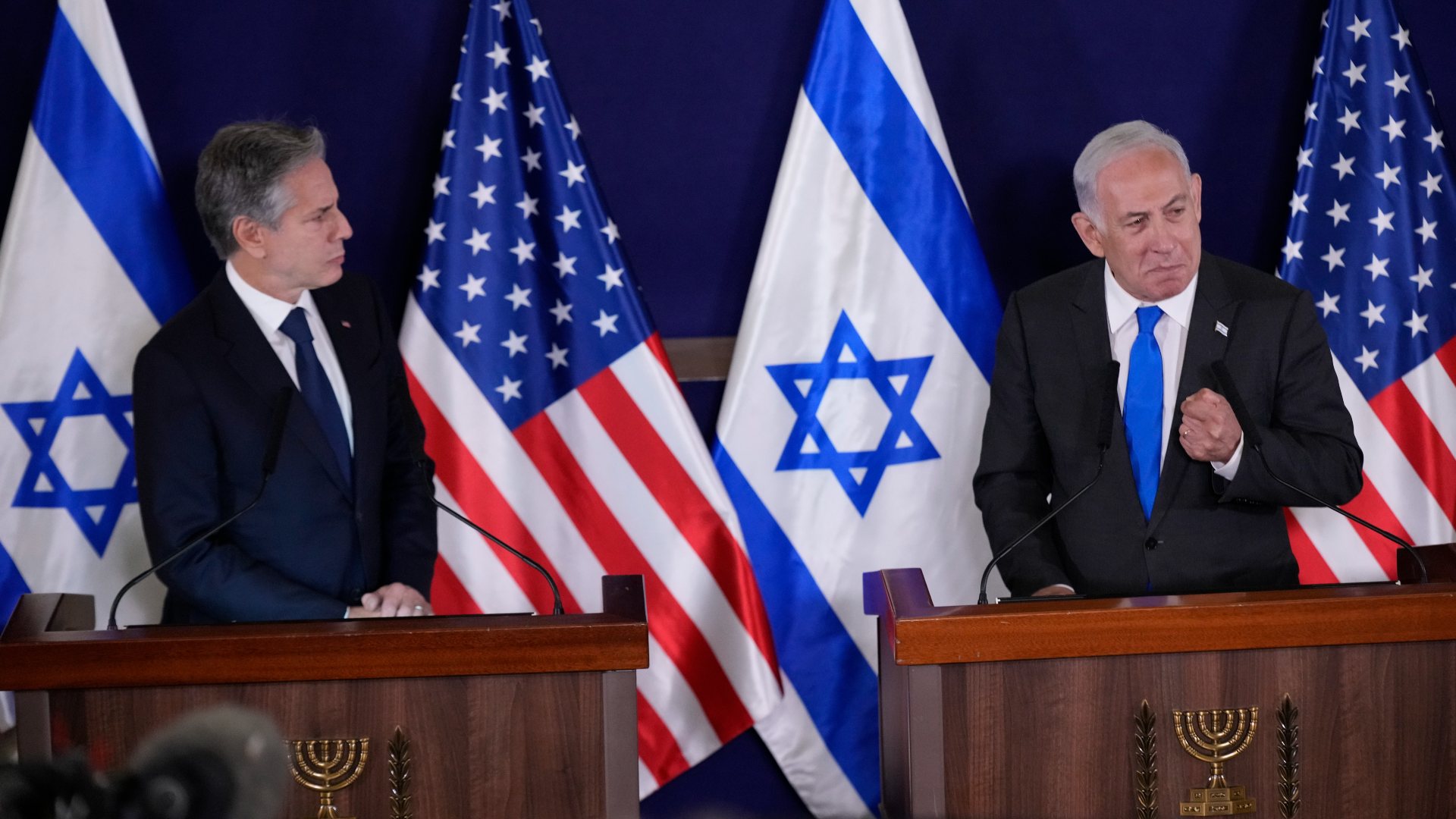 US Secretary of State Antony Blinken (L) with Israeli Prime Minister Benjamin Netanyahu in Tel Aviv on Thursday (AP)