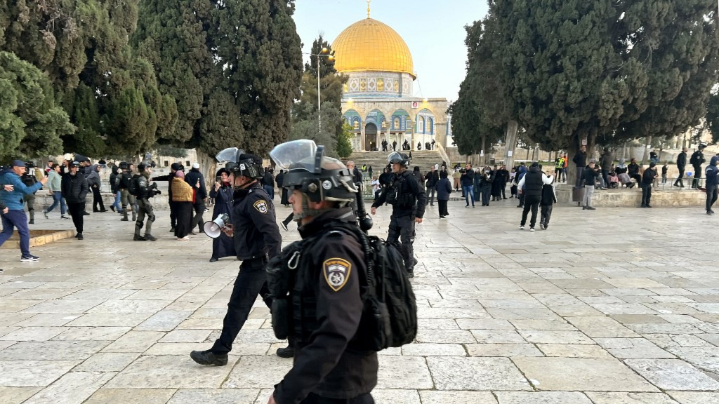 Israeli police patrol Al-Aqsa Mosque complex in occupied East Jerusalem on 5 April 2023 (AFP)