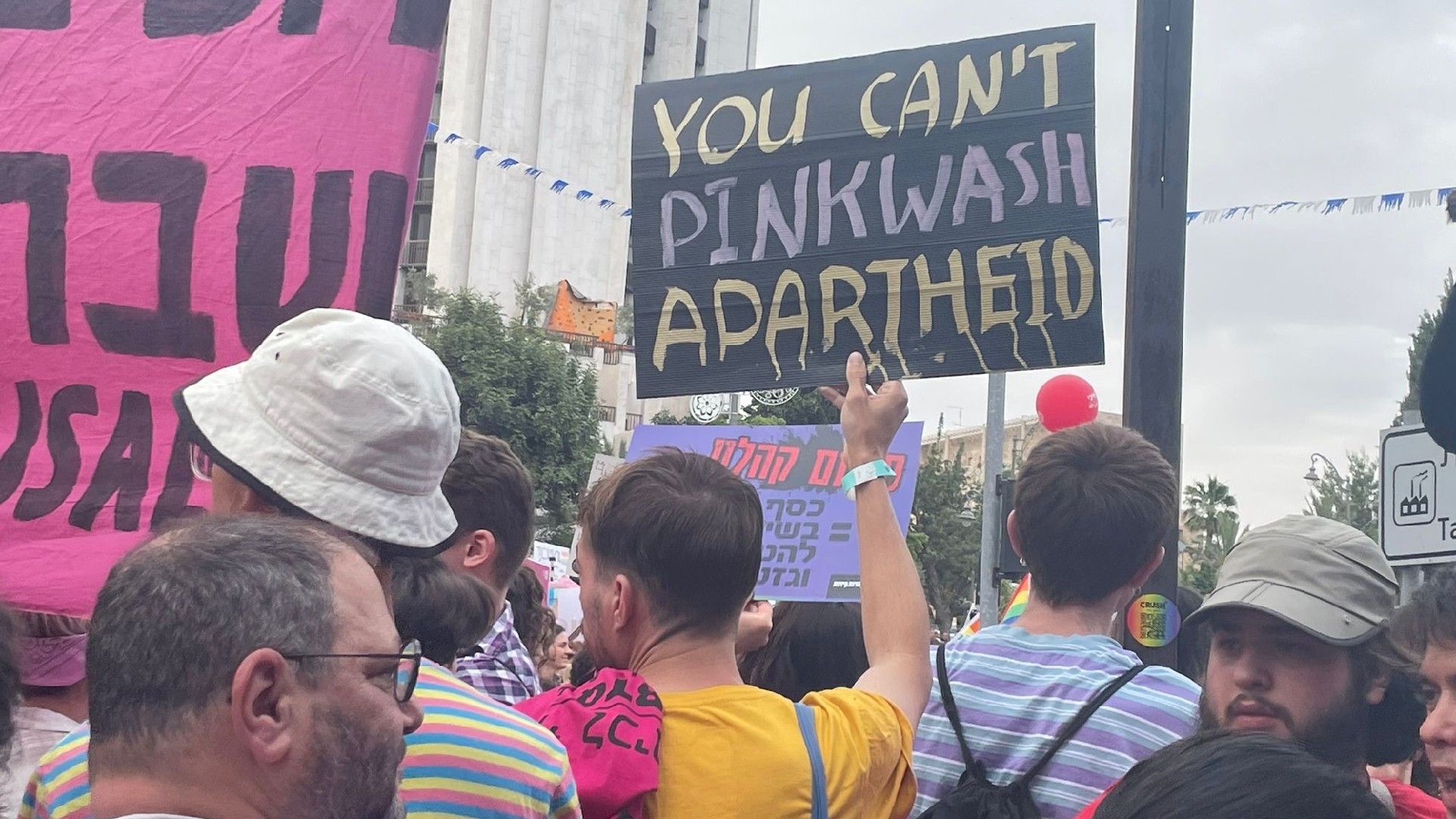 Rally participants hold signs denouncing what they view as Israeli apartheid (MEE/Lubna Masarwa)   