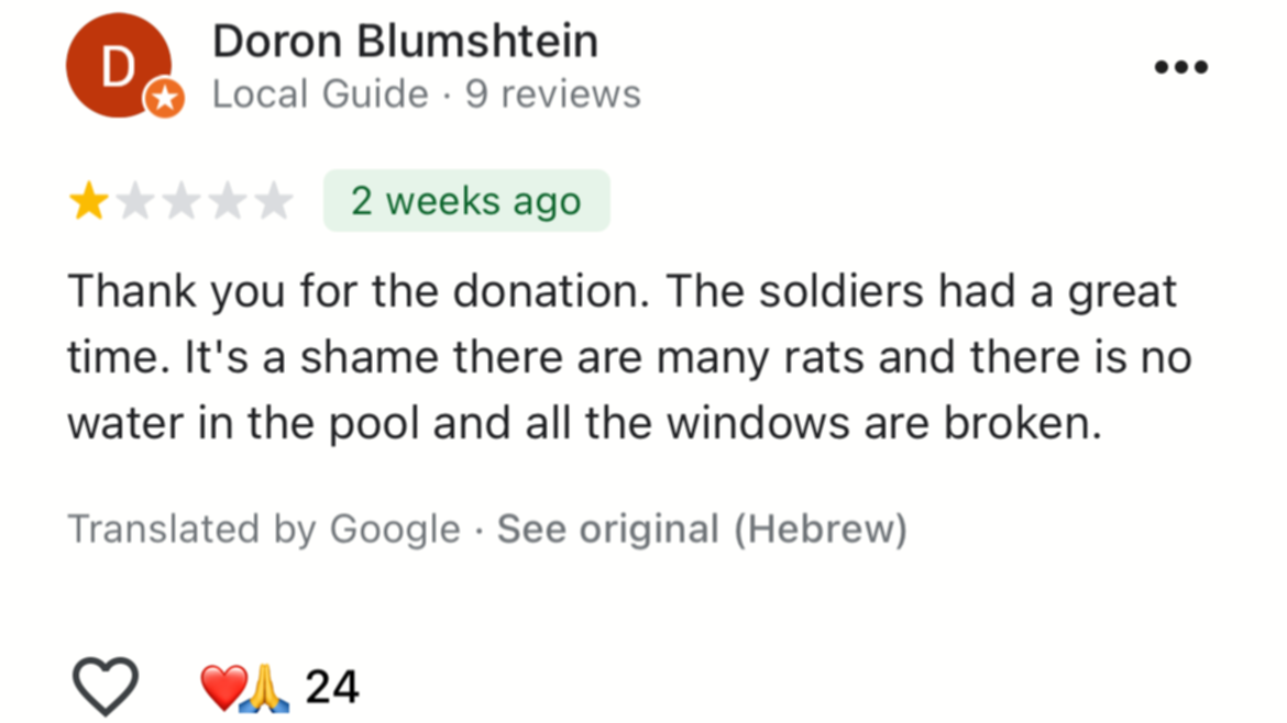 An Israeli soldier leaves a review for a damaged camping cabin in Lebanon (Screengrab)