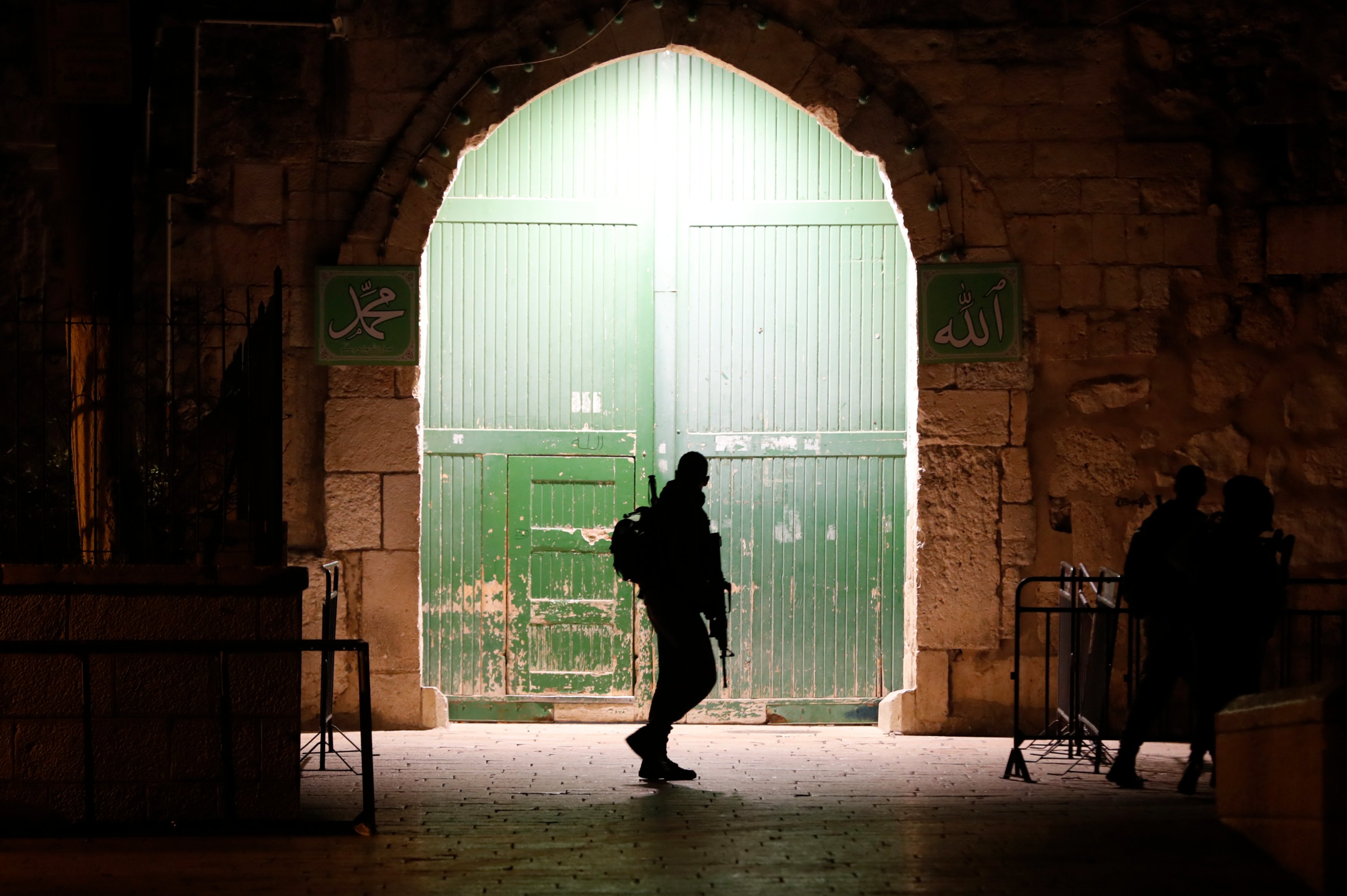 Israeli border guards patrol an entrance to the al-Aqsa compound in Jerusalem's Old City on 19 February 2019 (AFP)