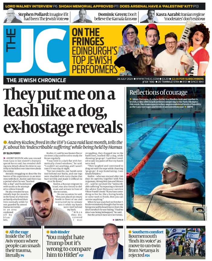 The front page of the Jewish Chronicle on 26 July, featuring a story by Elon Perry (Screengrab)