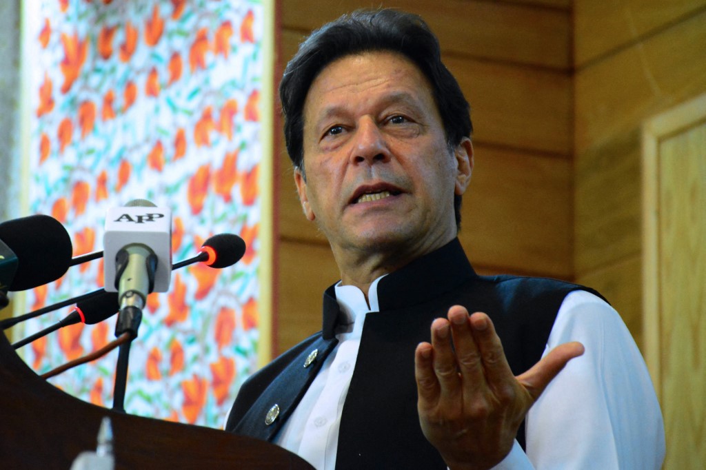 Pakistani Prime Minister Imran Khan speaks in Kashmir in August 2020 (AFP)