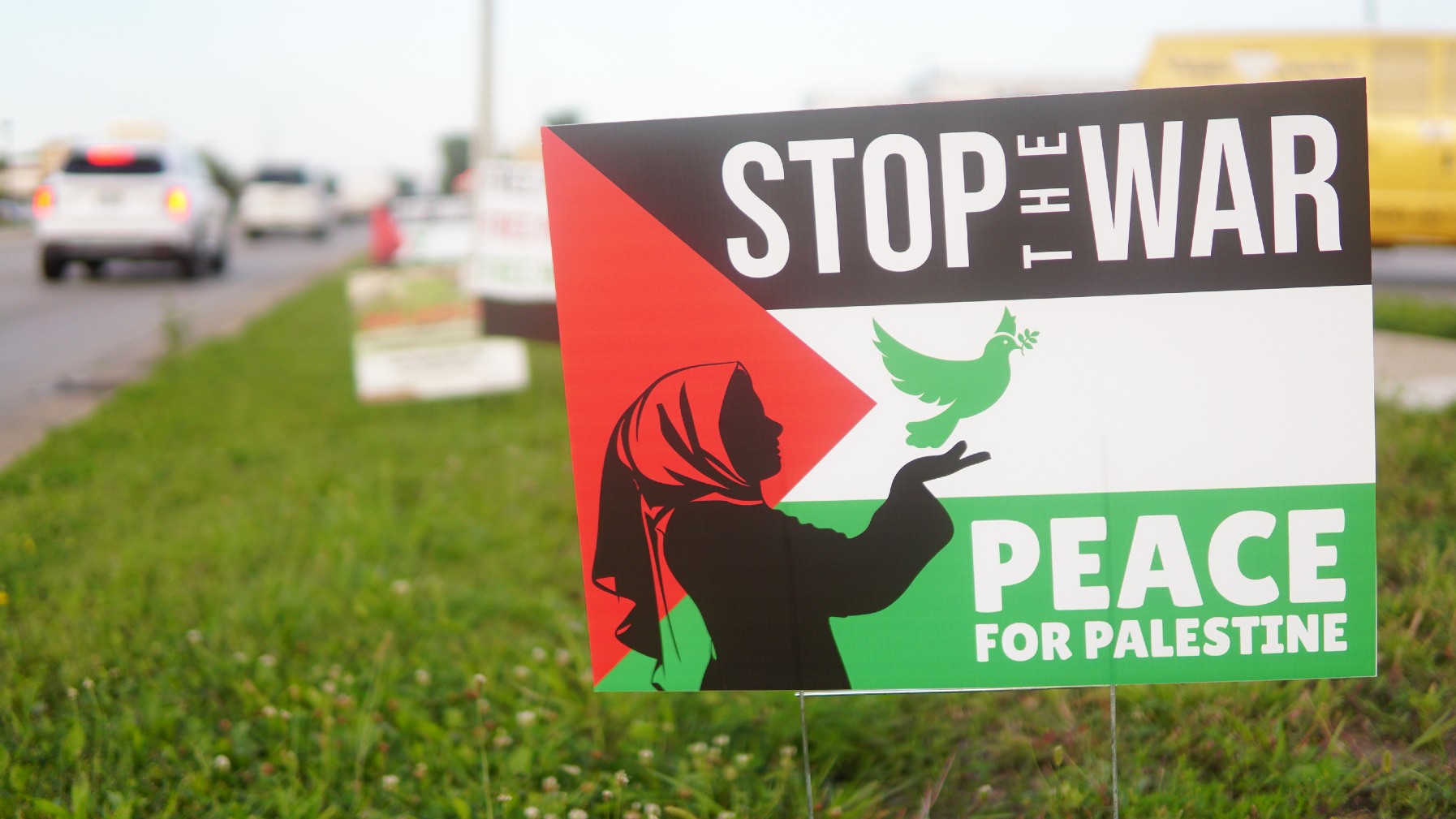 Free Palestine signs line the lawns alongside the main roads in Little Palestine (MEE/Azad Essa)