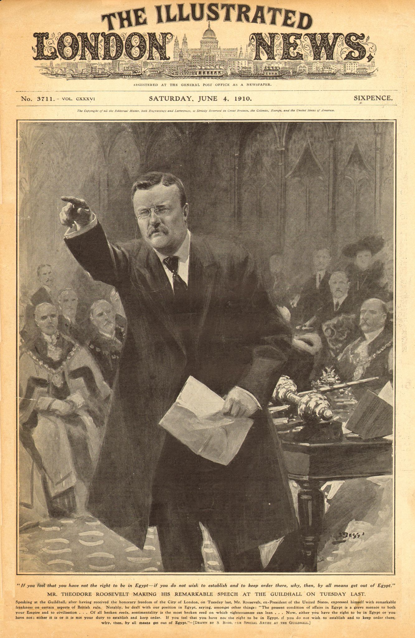 The front page of the 1910 Illustrated London News, featuring US President Theodore Roosevelt speaking at the Guildhall in London (Alamy)