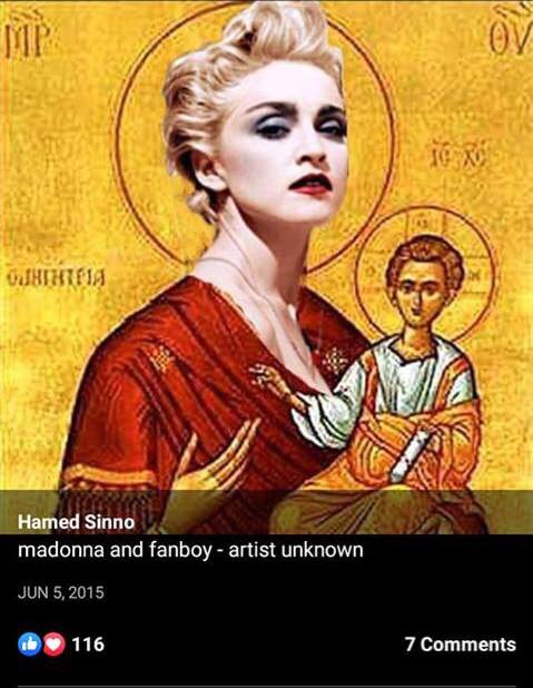 A meme showing the Virgin Mary with the head of pop star Madonna that Hamed Sinno shared (Screenshot)
