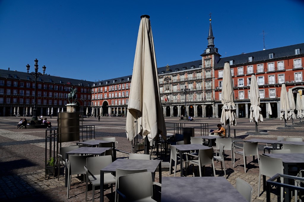 Restaurant terraces remain closed in central Madrid on 14 March (AFP)