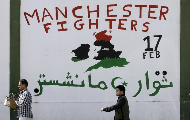 A mural in Tripoli paying tribute to fighters from Manchester who joined the 17th February Martyrs Brigade (AFP)