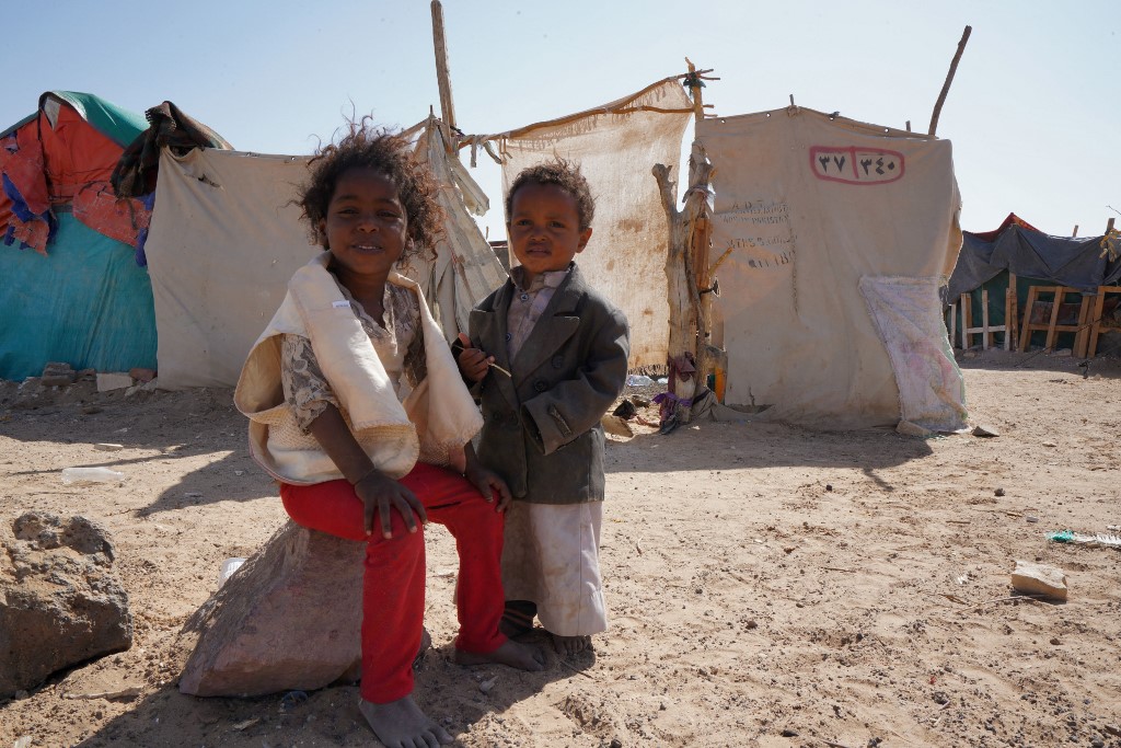 Two Yemeni children at a camp for displaced people in Yemen's Marib governorate