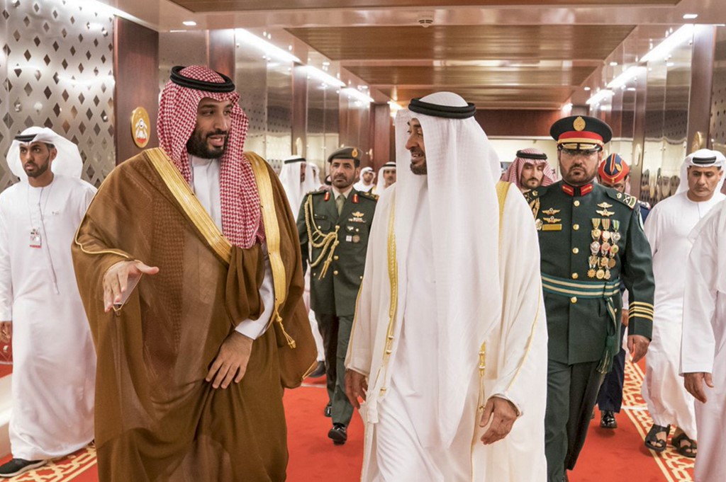 Abu Dhabi Crown Prince Mohammed bin Zayed welcomes Saudi Crown Prince Mohammed bin Salman in Abu Dhabi in November 2019 (WAM/AFP)